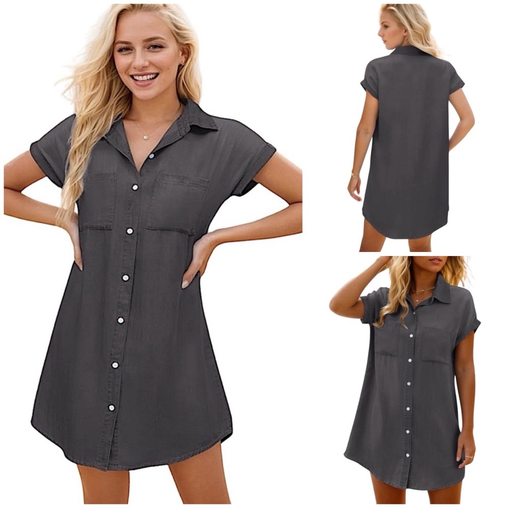 NWT Short Sleeve Button Down Distressed Denim Shirt Dress